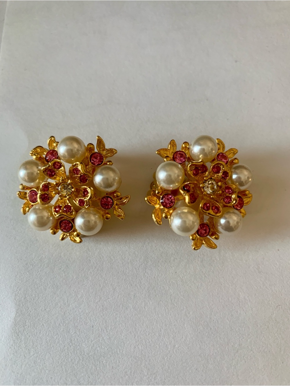 Ivana  Gold Floral Clip Earrings with Pink Crystals and Ivory Pearls